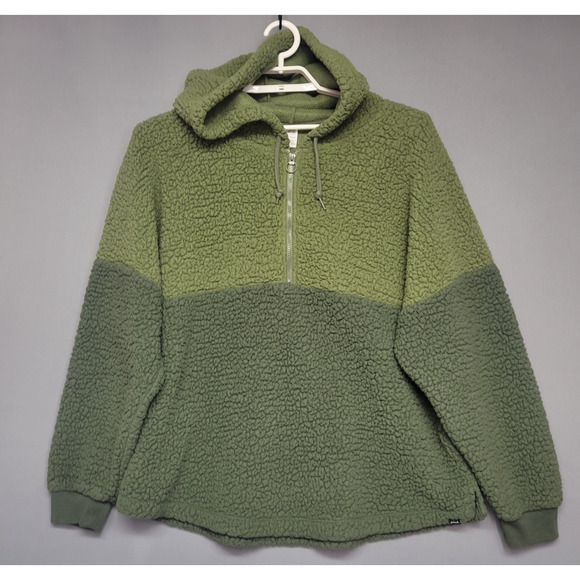 Victorias Secret PINK Sherpa Hooded Pullover Womens XL Green 1/2 Zipper Pockets - Picture 1 of 11